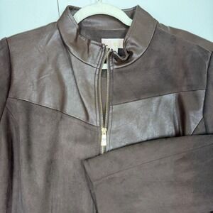 Belle Kim Gravel Patchwork Faux Leather Suede Bomber Jacket Women‎ 1X Brown Zip